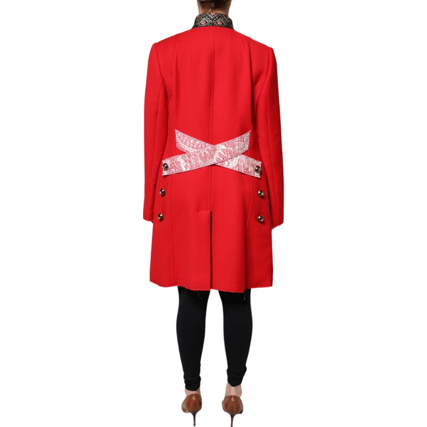Dolce & Gabbana Red Jacquard Wool Women Trenchcoat Jacket JKT4196-48