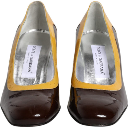 Dolce & Gabbana Dolce & Gabbana Yellow Brown Leather Block Heel Pumps Shoes LA12273-39 1728,67345645728,Dolce & Gabbana,EU39/US8.5,Material: Leather,Preowned / Defect,Pumps - Women - Shoes,Shoes,Women,Women - Shoes,Yellow