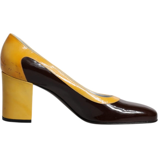 Dolce & Gabbana Dolce & Gabbana Yellow Brown Leather Block Heel Pumps Shoes LA12273-39 1728,67345645728,Dolce & Gabbana,EU39/US8.5,Material: Leather,Preowned / Defect,Pumps - Women - Shoes,Shoes,Women,Women - Shoes,Yellow