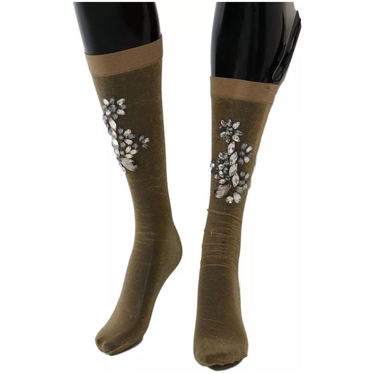 Dolce & Gabbana Gold Stretch Floral Clear Crystal Stocking Socks