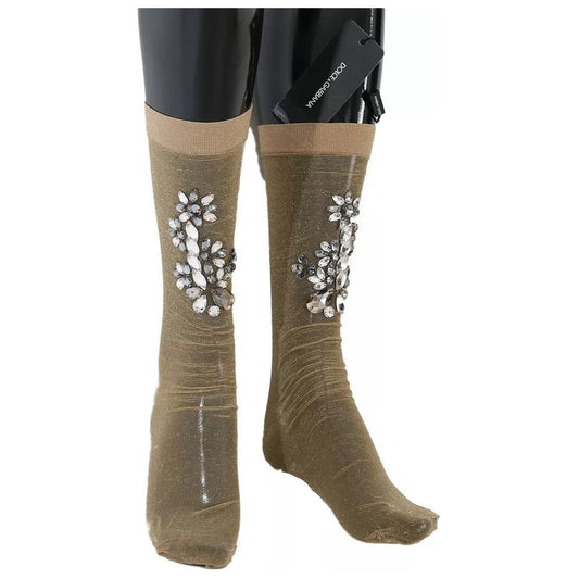 Dolce & Gabbana Gold Stretch Floral Clear Crystal Stocking Socks
