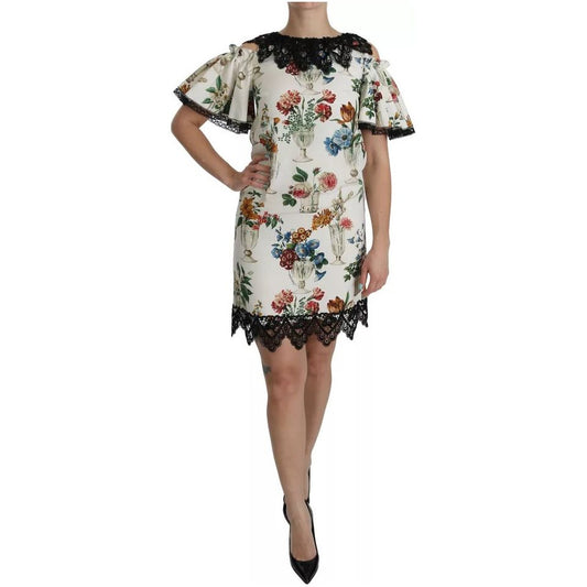 Dolce & Gabbana White Lace Floral Vase Shift Mini Dress