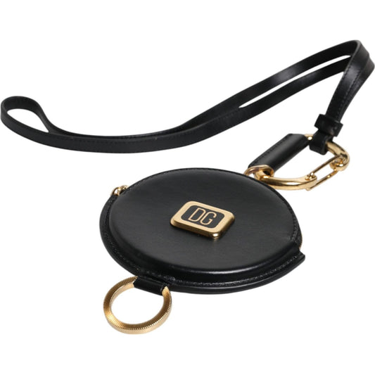 Dolce & Gabbana Black Round Leather DG Logo Coin Purse Lanyard Wallet