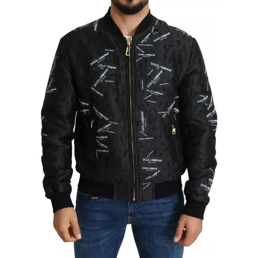 Dolce & Gabbana Black Logo Patch Brocade Bomber Full Zip Jacket