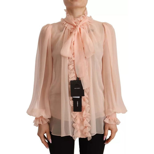 Dolce & Gabbana Light Pink Silk Long Sleeve Ascot Collar Top