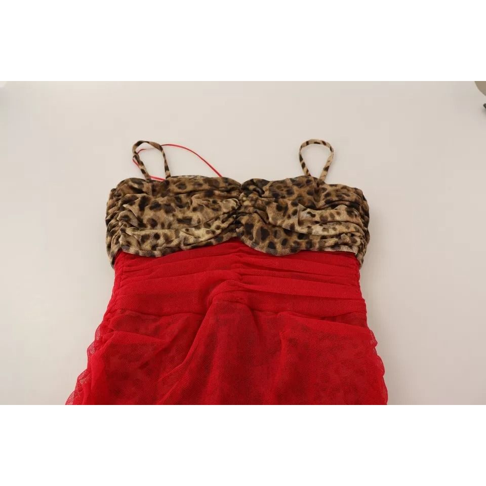 Dolce & Gabbana Brown Leopard Red Tulle Sheath Midi Dress