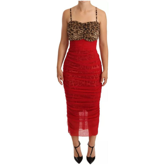 Dolce & Gabbana Brown Leopard Red Tulle Sheath Midi Dress