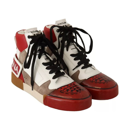 Dolce & Gabbana Red White Beige Leather High Tops Sneakers Shoes