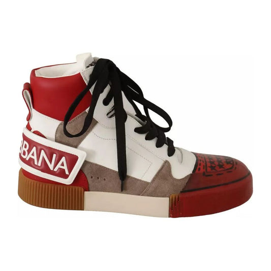 Dolce & Gabbana Red White Beige Leather High Tops Sneakers Shoes