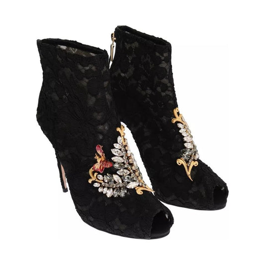 Dolce & Gabbana Black Crystal Lace Booties Stilettos Shoes