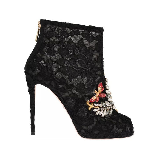 Dolce & Gabbana Black Crystal Lace Booties Stilettos Shoes