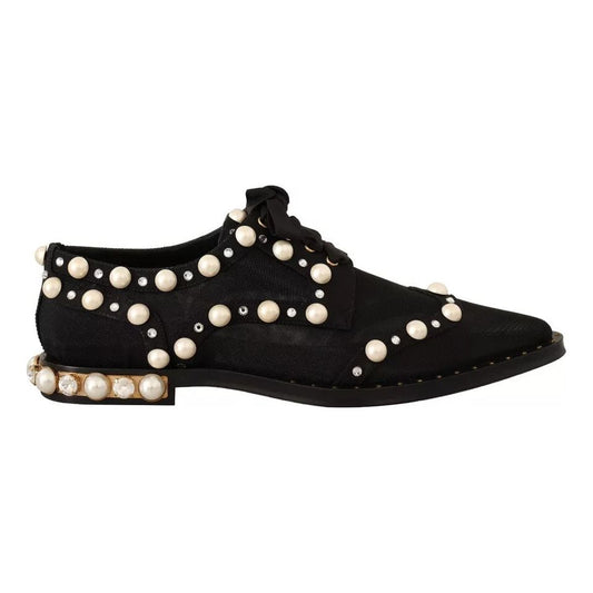 Dolce & Gabbana Black Lace Up Jewelled Formal Flats Shoes