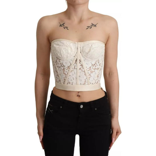 Dolce & Gabbana White Strapless Floral Lace Cropped Bustier Top