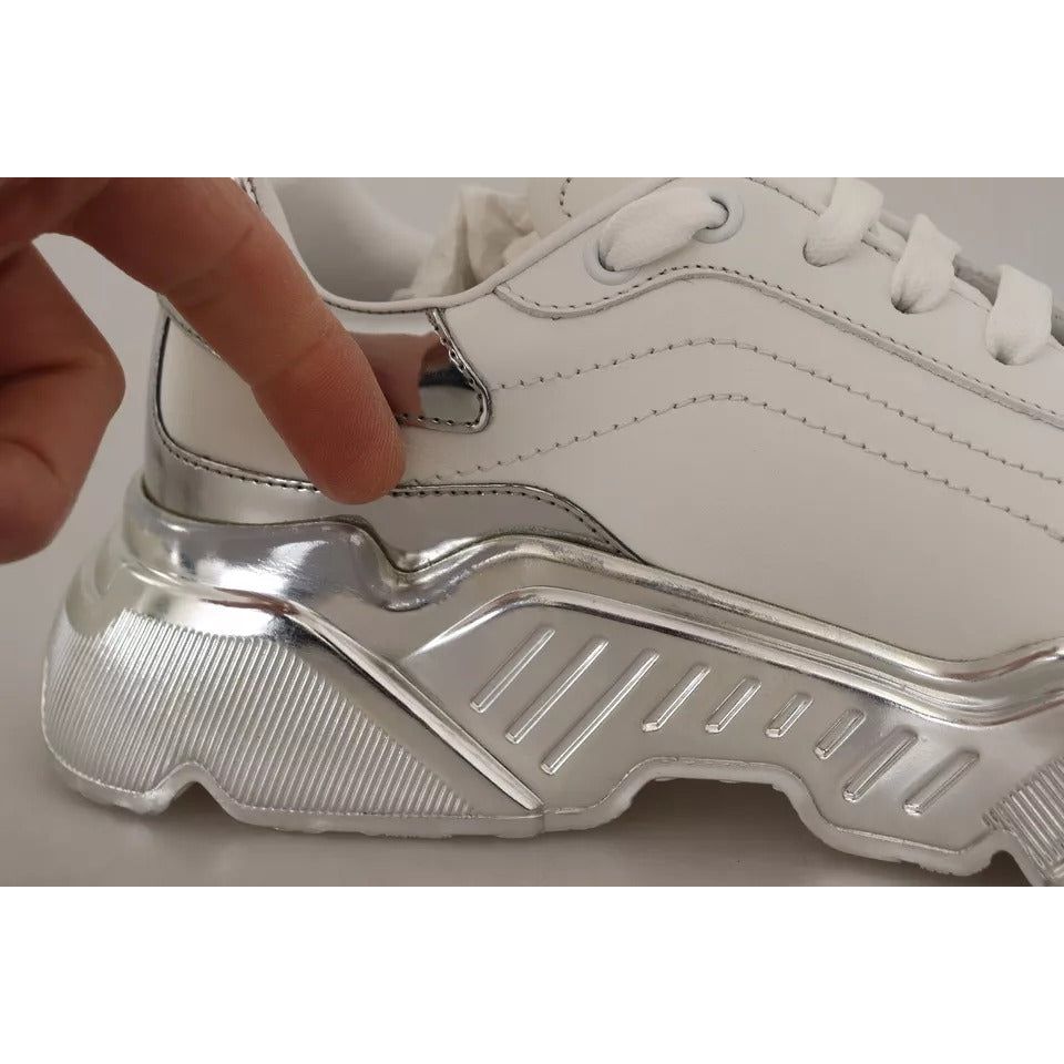 Dolce & Gabbana White Silver Leather Daymaster Sneakers Shoes