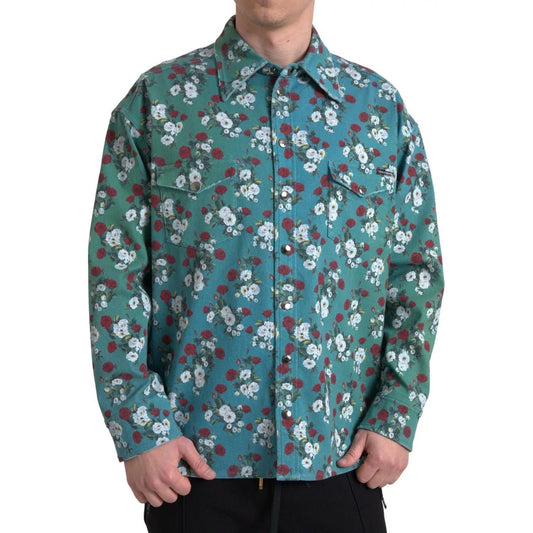 Dolce & Gabbana Blue Floral Cotton Button Down Denim Shirt