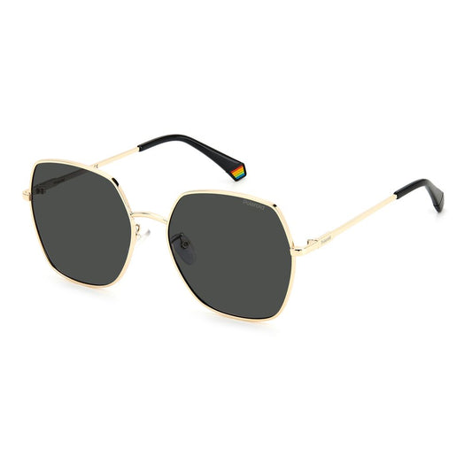 Polaroid Bicolor Stainless Steel Sunglasses with Polarized Gray Lenses, Black Gold Frame, Octagonal Design, 58/18/145 mm.