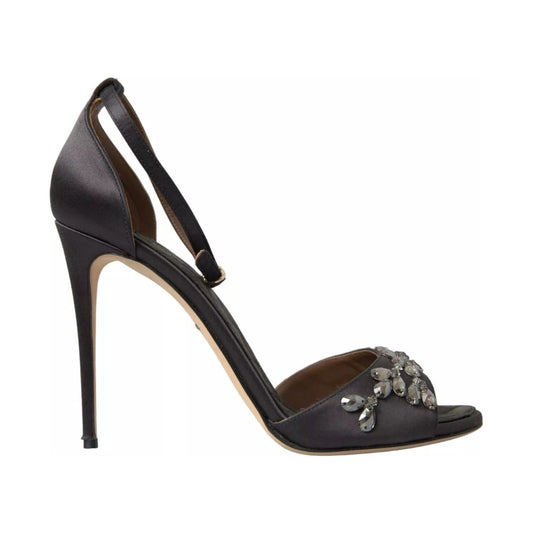 Dolce & Gabbana Gray Satin Ankle Strap Crystal Sandals Shoes