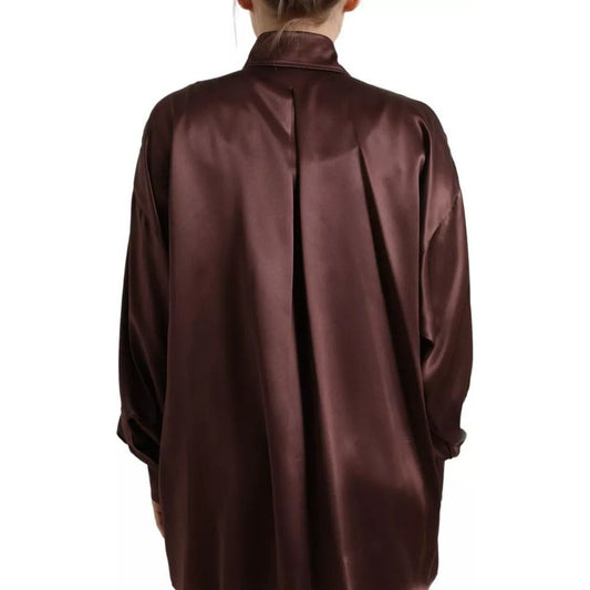 Dolce & Gabbana Brown Silk Collared Long Sleeves Top Blouse