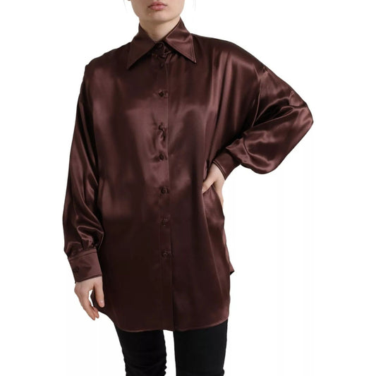 Dolce & Gabbana Brown Silk Collared Long Sleeves Top Blouse