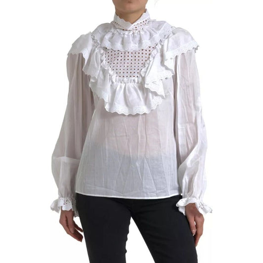 Dolce & Gabbana White Cotton Lace Trim Turtle Neck Blouse