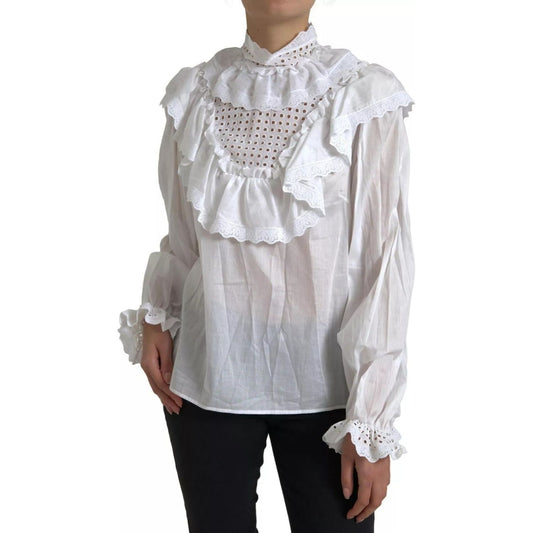 Dolce & Gabbana White Cotton Lace Trim Turtle Neck Blouse