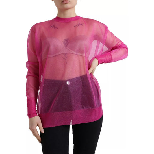 Dolce & Gabbana Pink Sheer Long Sleeves Crewneck Top Blouse