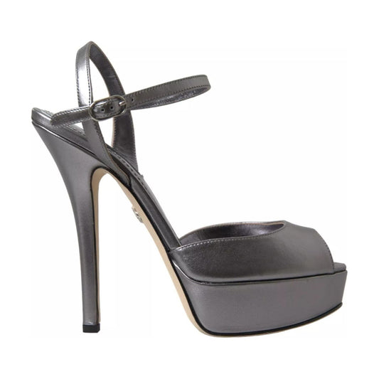 Dolce & Gabbana Silver Leather Platform Heels Sandals Shoes