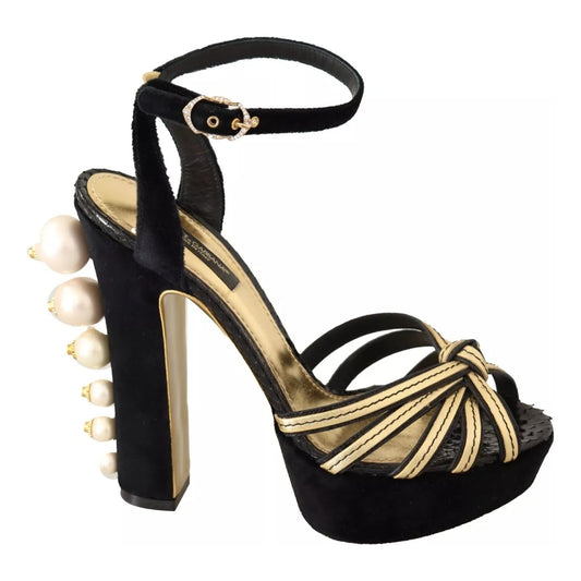 Dolce & Gabbana Black Gold Bianca Faux Pearl Sandals