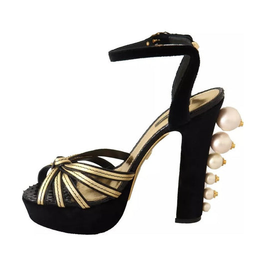 Dolce & Gabbana Black Gold Bianca Faux Pearl Sandals