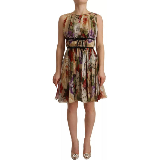 Dolce & Gabbana Beige Floral Sleeveless Round Neck Mini Dress