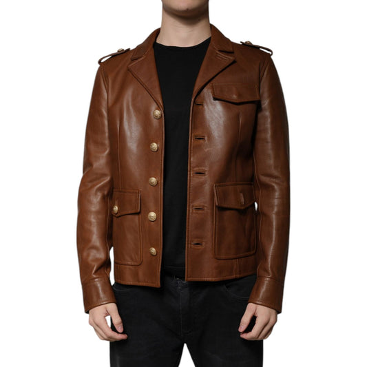 Dolce & Gabbana Brown Calfskin Leather Button Down Jacket