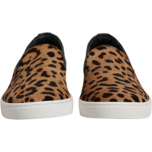 Dolce & Gabbana Brown Calfskin Fur Leopard Sneakers Shoes