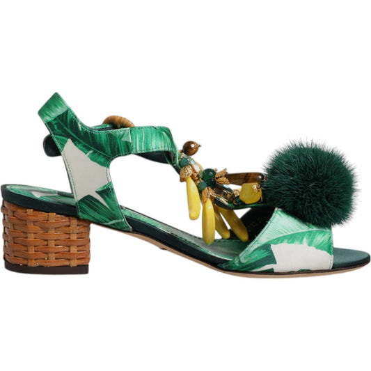 Dolce & Gabbana Green Crystal Fur Embellished Sandals Shoes