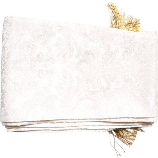 Dolce & Gabbana White Floral Jacquard Skinny Fringes Scarf
