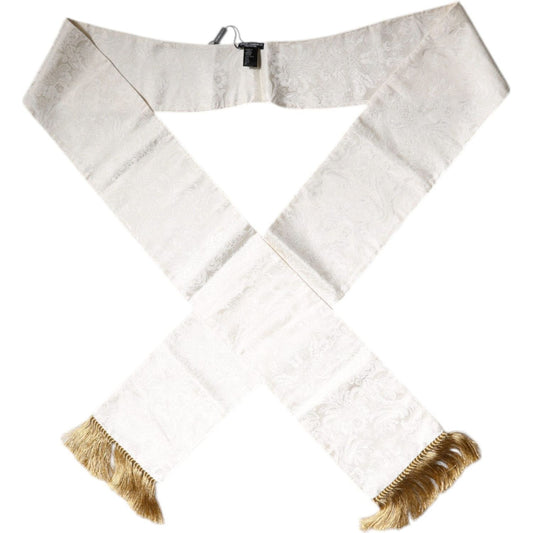 Dolce & Gabbana White Floral Jacquard Skinny Fringes Scarf