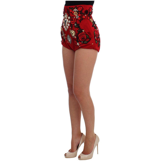 Dolce & Gabbana Red Silk Crystal-Embellished Mini Shorts Dolce & Gabbana Sienna