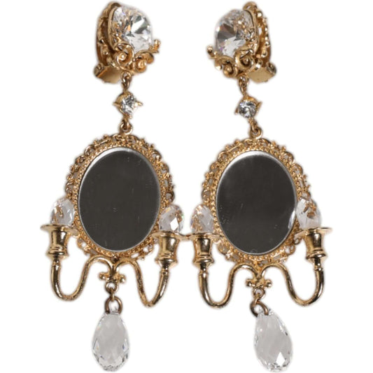 Dolce & Gabbana Gold Brass Clear Crystal Mirror Element Clip Dangling Earrings