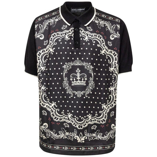 Dolce & Gabbana black silk polo shirt with bandana print, front button fastening, and jersey collar. 100% silk with stretch back panel.