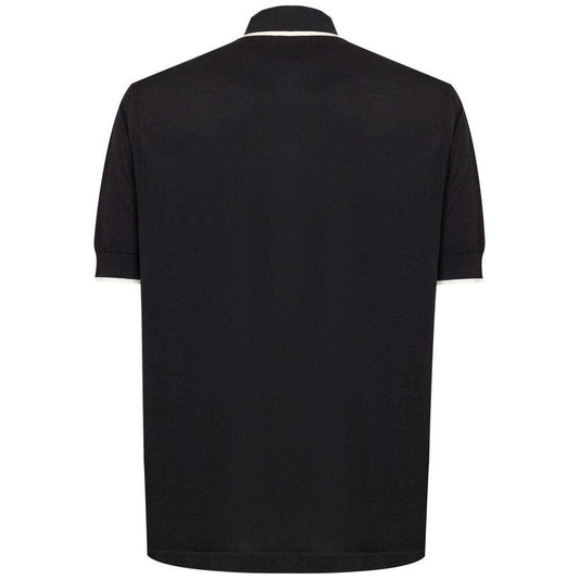 Back view of Dolce & Gabbana black silk polo shirt with jersey collar and stretch back panel.