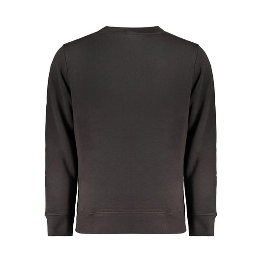Back view of a Calvin Klein black cotton sweatshirt with long sleeves, crew neck, made from 50% regenerative cotton.