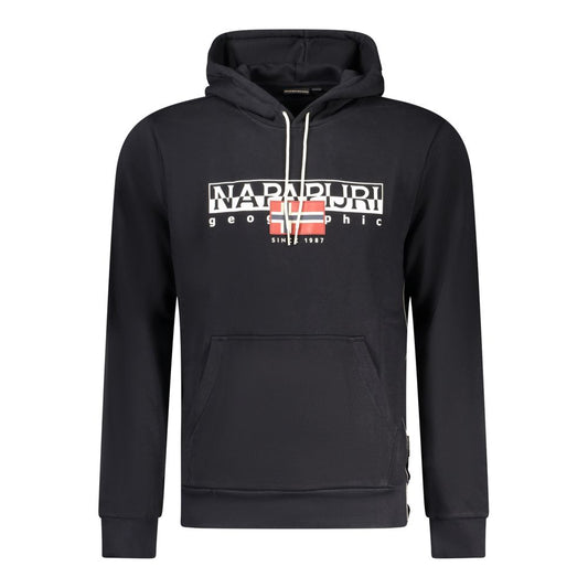 Napapijri black cotton sweater with long sleeves, hood, central pocket, contrasting details, and logo print. Regular fit sweatshirt.