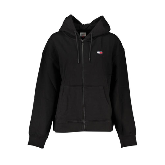 Tommy Hilfiger black cotton zip-up hoodie sweatshirt with logo, long sleeves, hood, and front pockets.