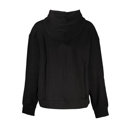 Back view of a black Tommy Hilfiger hooded sweatshirt, featuring long sleeves and a comfortable fit. Made of 50% transitional cotton.