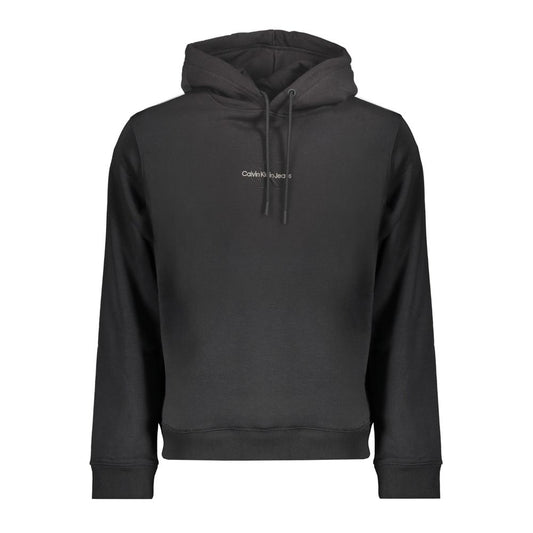 Calvin Klein black cotton hoodie with logo embroidery, made from 20% recycled cotton, featuring long sleeves and sweatshirt style.
