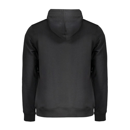 Back view of Calvin Klein black cotton hoodie with logo embroidery, featuring long sleeves and 20% recycled materials.