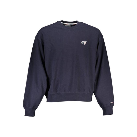 Tommy Hilfiger blue cotton men's sweater with long sleeves and crew neck, featuring an embroidered emblem on the chest.