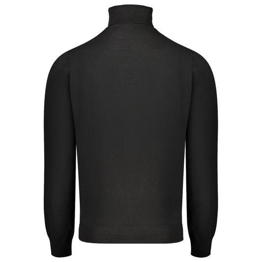 Back view of Norway 1963 black polyester turtleneck sweater with long sleeves and embroidered logo.