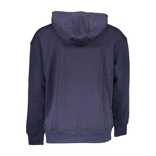 Back view of Tommy Hilfiger blue hooded cotton sweater for men, featuring soft fabric and casual luxury style.