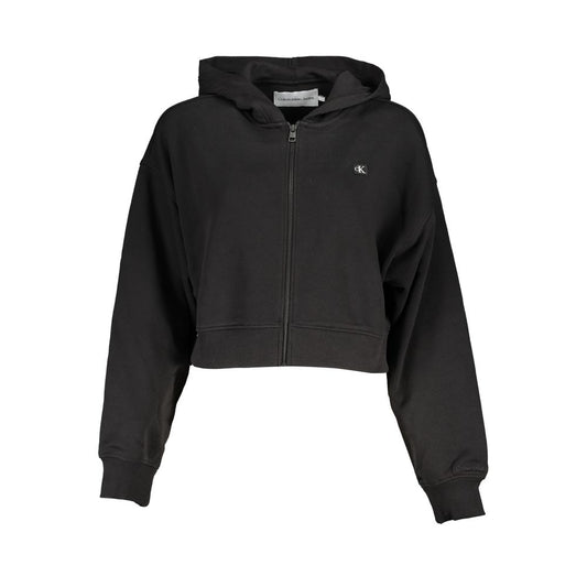Calvin Klein chic hooded sweatshirt in timeless black with zip-up front and logo, made with 20% recycled cotton for sustainable style.