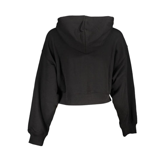 Calvin Klein chic hooded sweatshirt in timeless black, back view showing long sleeves and hood, crafted with 20% recycled cotton.